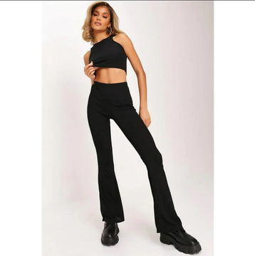 Black Ribbed Flared Trousers