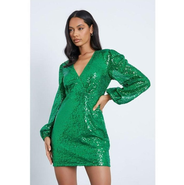Sequin Balloon Sleeve Plunge Bodycon Dress