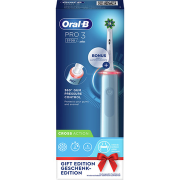 Oral-B Pro 3 Spazzolino Elettrico Ricaricabile - 3700 Blu, 1 Spazzolino Con Sensore Di Pressione Dello Spazzolamento Visibile, 2 Testine Di Ricambio